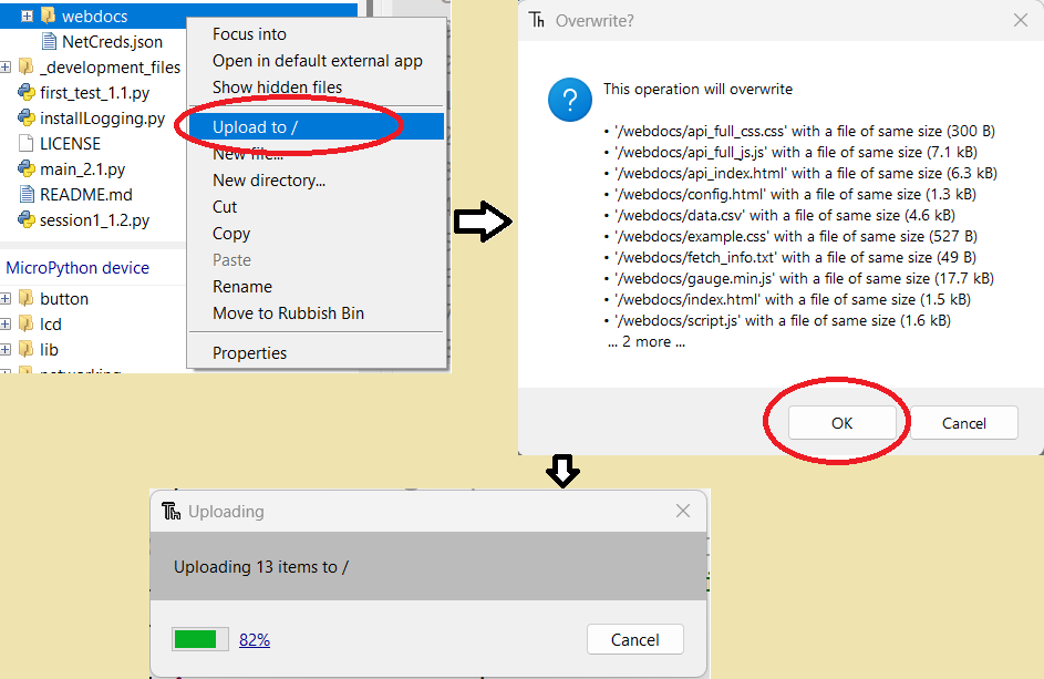 screenshot of Thonny upload instructions, as described above