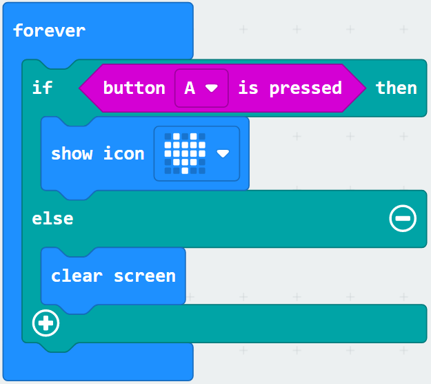 forever, if 'button A is pressed' then, show icon, else, clear screen